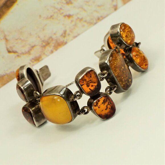 82g Rare Multi Amber and 925 Silver Heavy Link BRACELET - OOAK Gift For Her - Picture 9 of 16